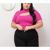 Blusa cropped plus size canelado recorte no decote manga curta feminino confortável