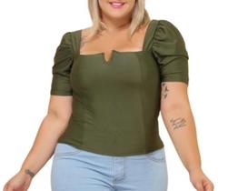 Blusa Cropped plus size decote reto V bufante feminino