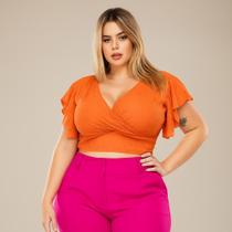 Blusa Cropped Plus Size Feminina Gola V Transpassado Manga Solta