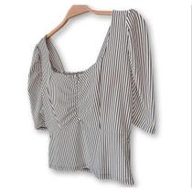 Blusa cropped plus size listrado manga bufante decote drapeado feminino moda