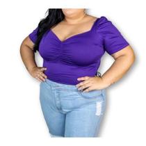 Blusa cropped plus size manga bufante decote drapeado tecido poliéster feminino