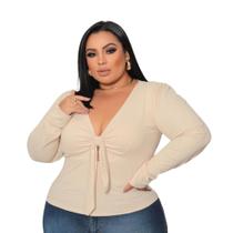 Blusa Cropped Plus Size Manga Longa com Decote de Amarrar