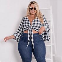 Blusa Cropped Plus Size Xadrez Manga Babado Moderna E Confortável