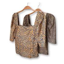 Blusa Cropped pluss size poliéster onça manga bufante decote reto feminino moda