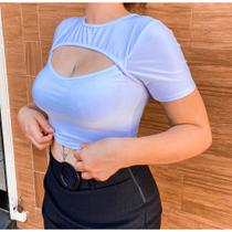 Blusa cropped poliester manga curta decote vazado feminino