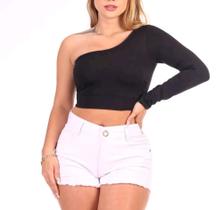 Blusa cropped poliester um ombro só manga longa estilo blogueira