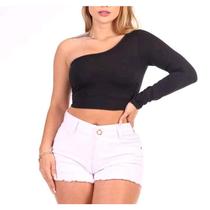 Blusa cropped poliéster um ombro só manga longa moda feminina tendência