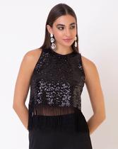 Blusa cropped preto em paetê com franjas 96% poliéster 4%elastano det.100%poliéster forro