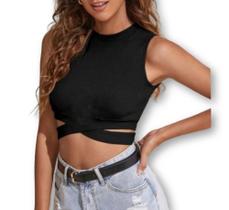 Blusa Cropped recorte lateral viscolycra cavada feminina elegante