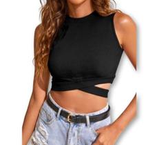 Blusa Cropped recorte lateral viscolycra cavada feminina tendência