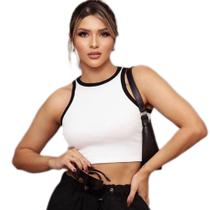 Blusa cropped regata bicolor canelado confortável sem bojo clássica