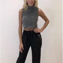 Blusa cropped regata gola alta poliamida lurex moda feminina