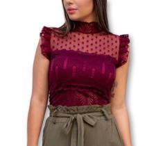 Blusa Cropped renda poa com bojo cavada babado feminino estilo