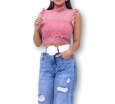 Blusa Cropped renda poa com bojo cavada babado feminino tendência