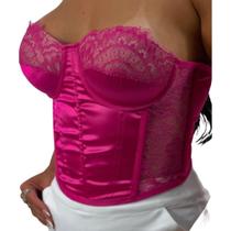 Blusa Cropped sem alça Corselet Acetinado Renda Sensual