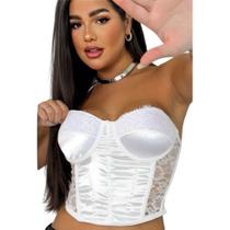 Blusa Cropped sem alça Corselet Acetinado Renda Sensual
