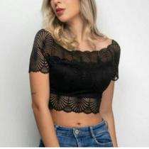 Blusa cropped top feminina renda ombro a ombro com bojo