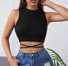 Blusa cropped top feminino canelado cavado x na frente amarração atrás