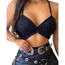 Blusa cropped top feminino paetê transpassado com bojo alça fina moda fashion