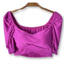 Blusa cropped top feminino poliéster manga bufante com bojo transpassado