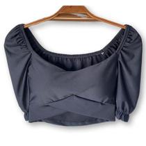 Blusa cropped top feminino poliéster manga bufante transpassado com bojo