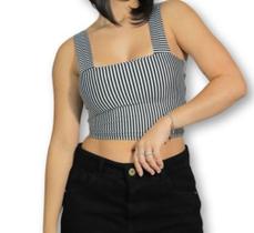 Blusa Cropped top listra preto e branca alça larga poliéster moda