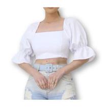 Blusa cropped top manga princesa babado amarração nas costas com bojo feminino