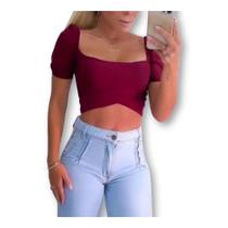 Blusa Cropped top poliéster manga bufante com bojo transpassado elegante