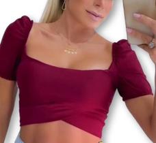 Blusa Cropped top poliéster manga bufante com bojo transpassado feminino