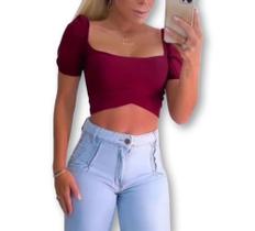 blusa cropped top poliéster manga bufante feminino com bojo transpassado tendência