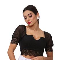 Blusa Cropped Top Renda Tule Feminino Blusa Bojo Feminina P e M Manga Curta Decote V