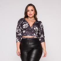 Blusa Cropped Transpassada de Manga 3/4 e amarração