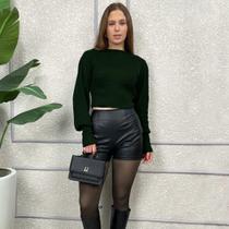 Blusa Cropped Tricot Feminina Manga Longa Gola Redonda