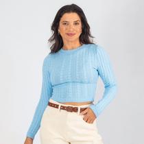 Blusa Cropped Tricot Modal Feminina Trançado Manga Longa