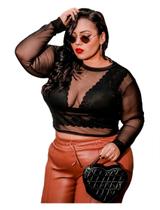 Blusa Cropped Tule Transparente Plus Size Manga Longa
