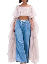Blusa curta com babados, chiffon, manga folhada e gola quadrada