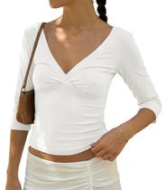 Blusa curta feminina BAIGRAM, manga 3/4, decote em V, franzido e costas abertas