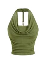 Blusa curta feminina Milumia franzida com capuz, gola alta, sem mangas, verde