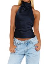 Blusa curta feminina SOLY HUX, de cetim, frente única, sem encosto, azul profundo Blusa curta feminina SOLY HUX, de cetim, frente única, sem encosto, azul profundo