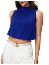Blusa curta feminina SOLY HUX, frente única, sem mangas, gola alta, azul