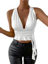 Blusa curta feminina SOLY HUX, sexy, com decote em V profundo, branca