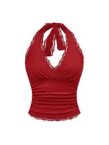 Blusa curta feminina WDIRARA com acabamento em renda franzida vermelha XXL