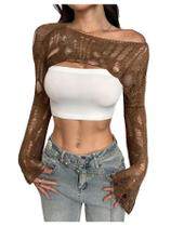 Blusa curta feminina WDIRARA, de crochê, marrom, tamanho M