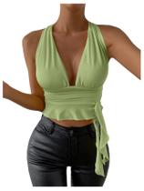 Blusa curta SOLY HUX Sexy com decote em V profundo, acabamento em babado, verde