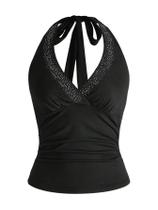 Blusa curta SOLY HUX, strass, decote em V, frente única, preta Blusa curta SOLY HUX, strass, decote em V, frente única, preta