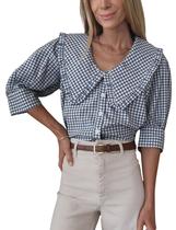 Blusa Daacee xadrez para mulheres de tamanho grande, gola com babados, azul