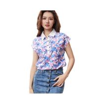 Blusa De Chiffon Feminina Casual Com Estampa, Manga Curta E Gola Reversível, Top De Primavera E
