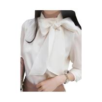 Blusa De Chiffon Feminina De Manga Longa Com Gola De Laço Casual Primavera Verão Branca Preta Blusa De Chiffon Feminina De Manga Longa Com Gola De Laço Casual Primavera Verão Branca Preta