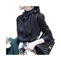 Blusa De Chiffon Feminina De Manga Longa Com Gola Laço Casual Primavera Verão Branca Preta