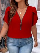 Blusa De Chiffon plus Size Com Decote Em V, Casual De Verão, Elegante Para Escritório, Camisa